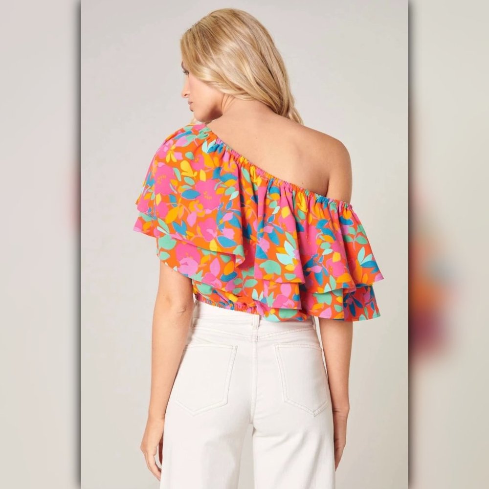 Small - SUGARLIPS Fruity Floral Charmer One Shoulder Blouse - Picture 3 of 4